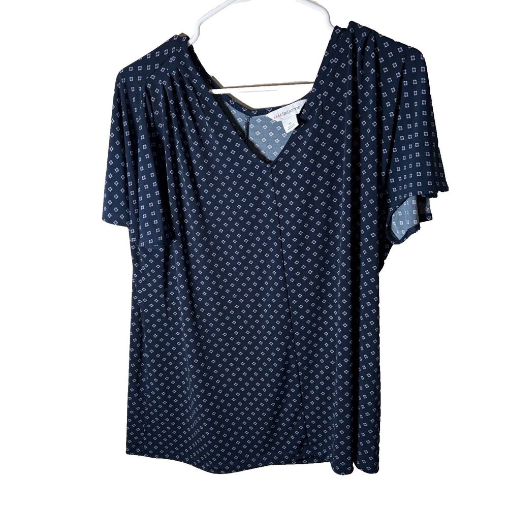 Liz Claiborne Blouse Women's XL V-Neck Printed Navy Short Sleeve Career Top